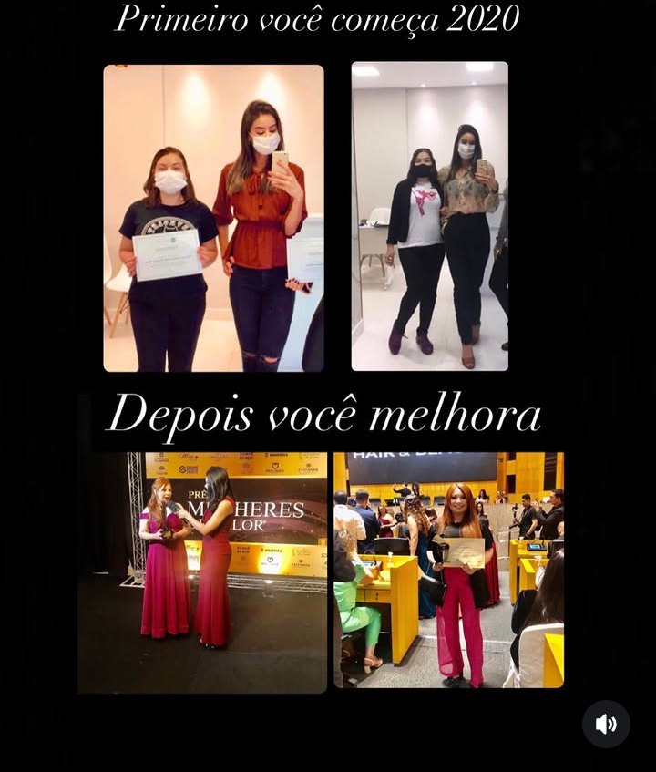 Montagem com quatro fotos: o certificado de 2020 e, depois, o troféu recebido em um evento